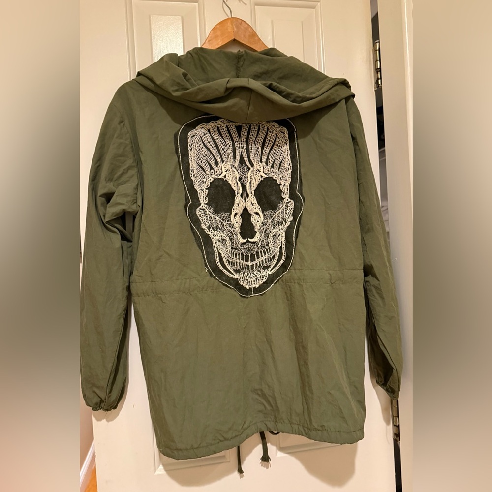 Olive Green lightweight spring jacket with embroidered Skull Design in the back